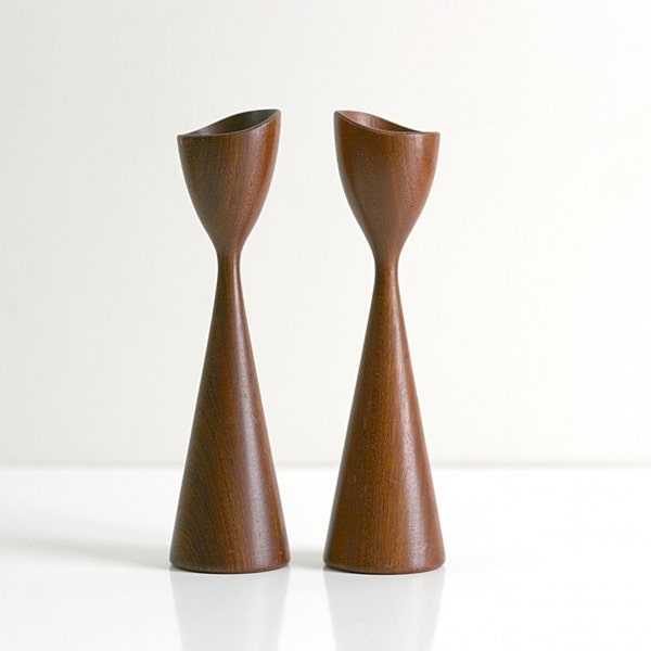 RESERVED Until 10/29 - Mid Century Danish Modern Turned Teak Wood Candlesticks - Wooden Candle Holders