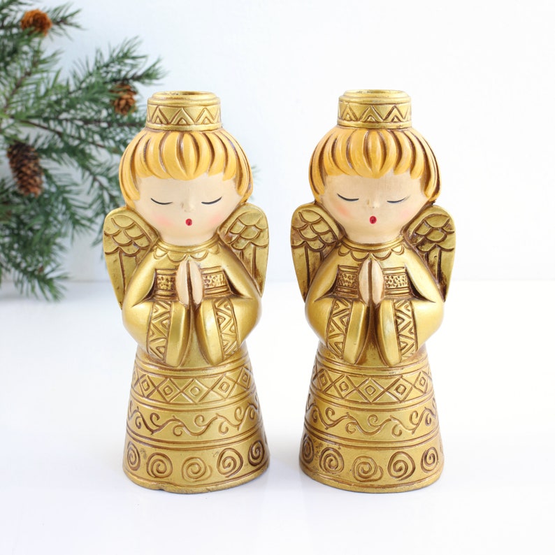 Vintage Angel Candle Holders / Mid Century Paper Mache Angel Candlesticks image 8