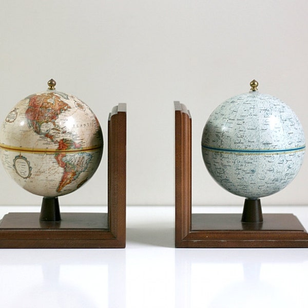 Mid Century Modern Bauhaus Style Moon Globe and World Globe Bookends Pair