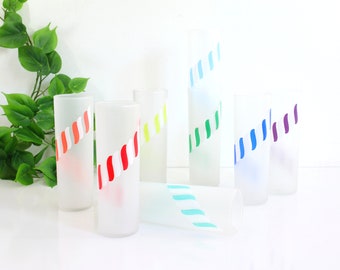 Vintage Libbey Rainbow Candy Stripe Frosted Iced Tea Glasses / Set of 8 Vintage Rainbow Glasses