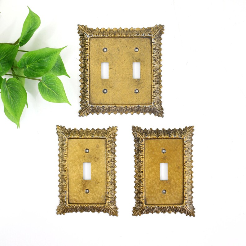 Mid Century Brass Switch Plate Covers / Vintage Gold Metal Light Switch Covers image 1