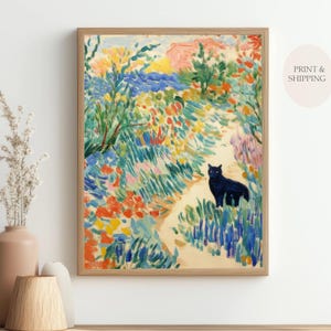 Black cat prints from famous Van Gogh works, cat posters, black cat art, famous nature painting decorations, flower fields, funny cat prints