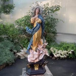 Immaculate Conception with Angels Statue 36 cm | Hand-Painted Assumption of Mary Altar Decor
