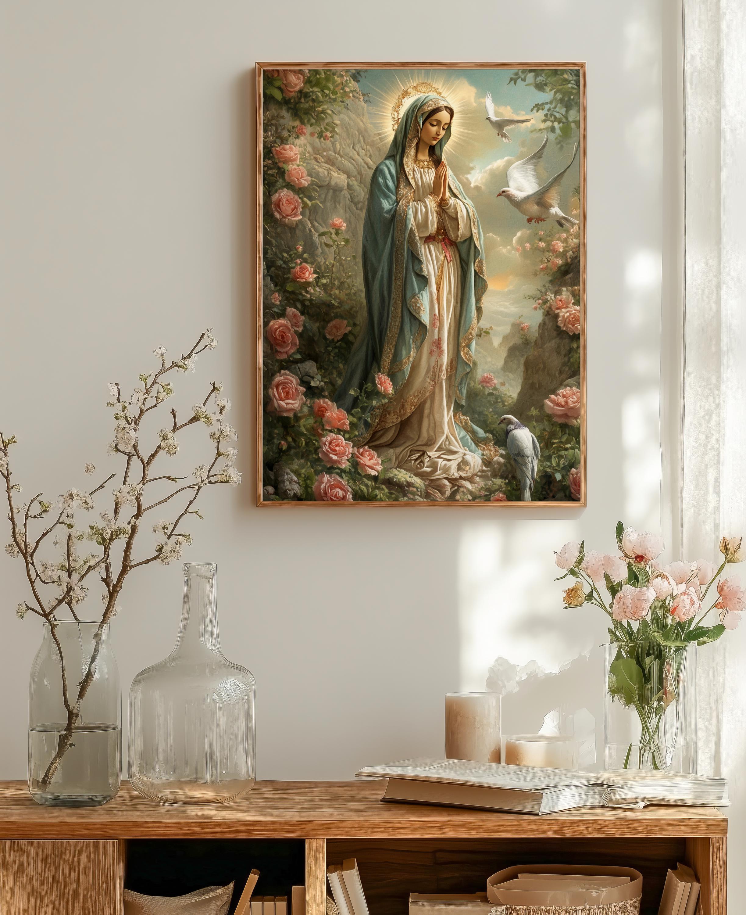 The Virgin Mary Among the Roses | Catholic Prints | Portrait of the Virgin Mary | Digital Download | Christian Gifts | Religious Images