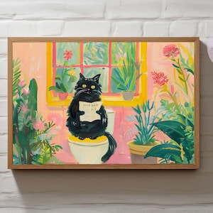 Black Cat Reading Newspaper On Toilet,Funny Bathroom Prints,Cat Poster,Home Decor Art,Black Cat Painting,Cat Decor,Gifts for cat lovers N031