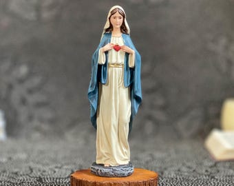 Estatua del Inmaculado Corazón de María / Figura de la Virgen María pintada a mano 15 cm / Decoración religiosa
