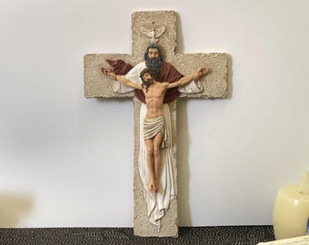 Holy Trinity Wall Crucifix 23 cm | Hand-Painted Catholic | Holy Spirit Dove