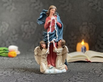 Statua Di Maria Che Scioglie I Nodi In Resina - Altezza 30 Cm, Dipinta A Mano, Per Interno Ed Esterno