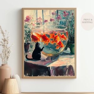 Cat prints,cat posters,funny cat paintings,black cat art,floral prints,HENRI MATISSE style,posters,funny gift ideas,black cat ar,goldfish