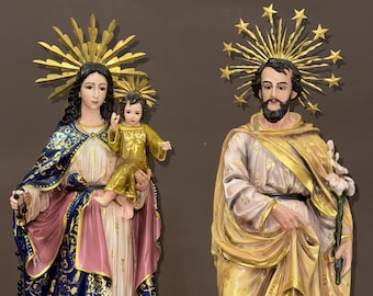 Heilige Familie Statuen Set | Jungfrau Maria & Heiliger Josef Handbemalte Figuren | Katholischer Hausaltar Geschenk