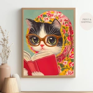 Tabby cat reading book print, Painting for book lovers, Book room decoration, Bedroom ,Library, Reading Art Prints Gift for Cat Lovers N052