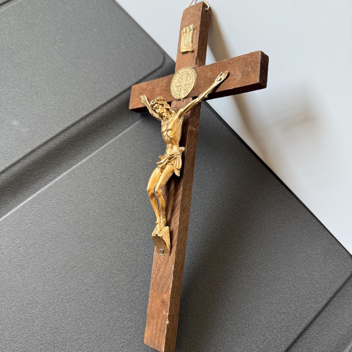 Hand made Wood & Gold Saint Benedict Crucifix Hanging CrossCatholic Home Decor 8 by 4 inches wood hanging cross gift for her for him
