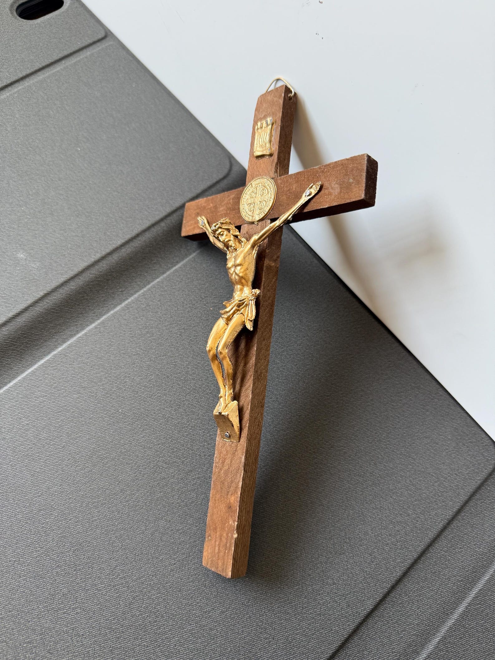 Handmade Wood Saint Benedict Crucifix, Gold Tone Jesus
