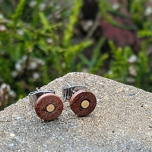 Customizable Wooden Stud Earrings with Metal Inlay