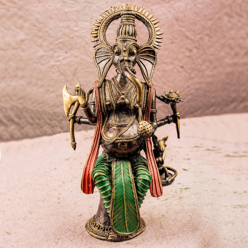 Handmade Brass Ganesha Idol Tribal Bastar Art Sculpture Indian Folk Metal Decor Antique Style Ganesh Statue Unique Handmade Spiritual gift image 2