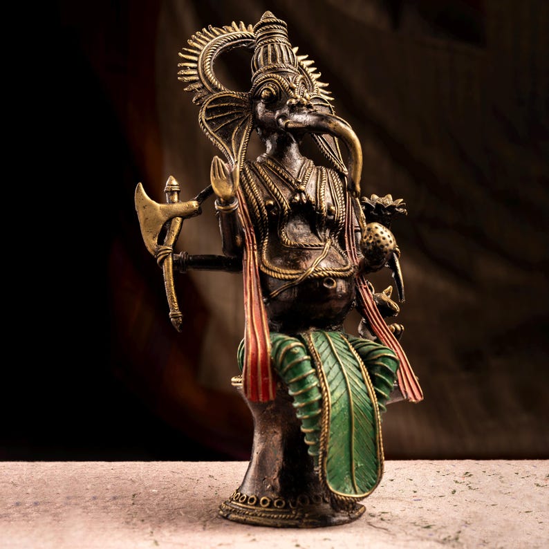 Handmade Brass Ganesha Idol Tribal Bastar Art Sculpture Indian Folk Metal Decor Antique Style Ganesh Statue Unique Handmade Spiritual gift image 4