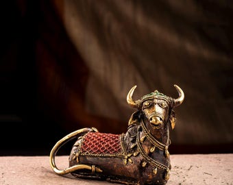 Unique Brass Nandi Sculpture | Handcrafted Dhokra Art| Sacred Decor | Indian Folk Decor | Shiva Sacred Bull | Spiritual Home Accent
