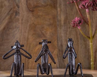 Handmade Wrought Iron Gandhian Monkey Trio Indian Tribal Art Ethical Home Decor Unique thoughtful Gift