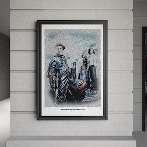 May include: A framed art print of characters from "Harry Potter and the Goblet of Fire." The image is created from small text fragments, giving it a textured, mosaic effect. The print is displayed in a black frame.
