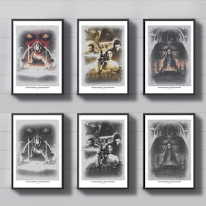May include: Six framed Star Wars film posters. Each poster features a different scene from the Star Wars saga, with text-based artwork. The posters are in black frames and are displayed against a light grey background.