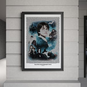 May include: Framed poster of Harry Potter and the Philosopher's Stone. The image features Harry Potter, other characters, and scenes from the film. The background is composed of text, and the poster is enclosed in a black frame.