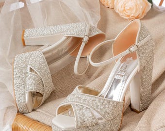 Pearl Rhinestone Bridal Heels, Platform Wedding Shoes, Elegant Bride Party Footwear