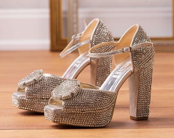 Rhinestone Platform Heels: Silver Graduation Bow Peep-Toe Shoes