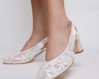 White Floral Embroidered Lace Wedding Shoes - Mid Block Heel Slingbacks