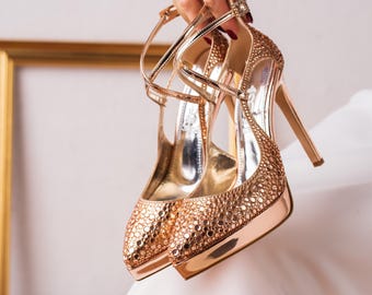 Rose Gold Platform Stiletto Heels: Rhinestone Ankle Strap Shoes