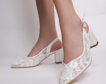 Comfortable Open Lace Shoes with a Comfortable  and Floral Embroidery Pointed Toe  White Block Heels Bridal or Special Occasion Option