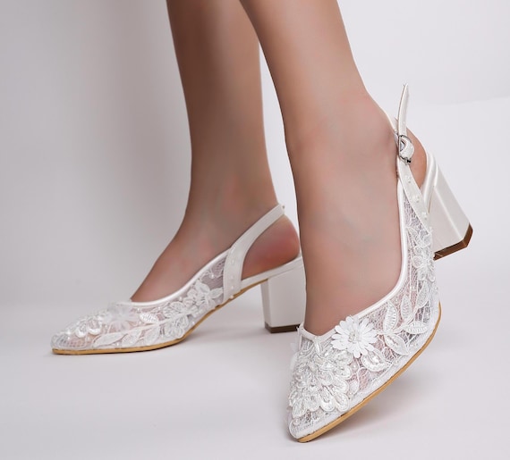 White Floral Embroidery Lace Heels: Bridal Slingback Shoes