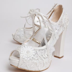 Embroidered Floral Lace Bridal Heels: White Platform Wedding Shoes