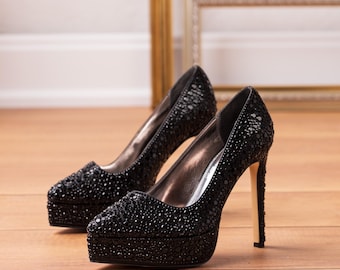 Shoes Tacones Negros Con Brillos Zapato Brillante Cerrado Con