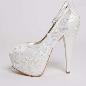 White Lace Bridal Heels: Floral Appliques, Pearl Platform Wedding Shoes