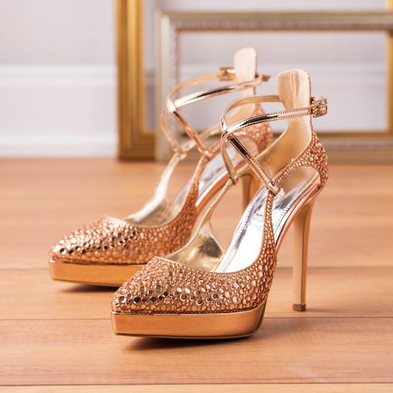 Rose Gold Platform Stiletto Heels: Rhinestone Ankle Strap Shoes - Etsy  Israel