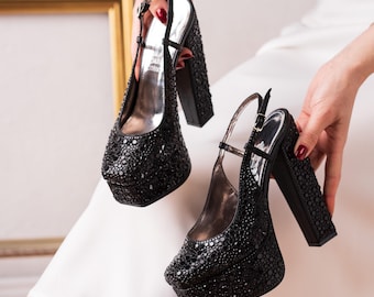 Black Sparkly Platform Back Open Heeled Evening Party Shoes With Textured Sparkly Design and High Block Heels For Women