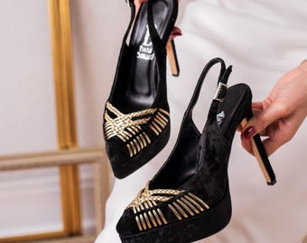Black Velvet Heeled Shoes: Gold Trim Slingback Formal Day Pumps