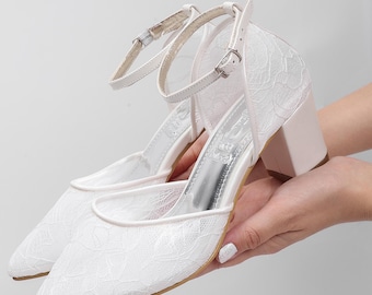 White Lace Block Heel Shoes Dress and Wedding Events Comfortable High Heeled Bridal Shoes with Adjustable Buckle Support