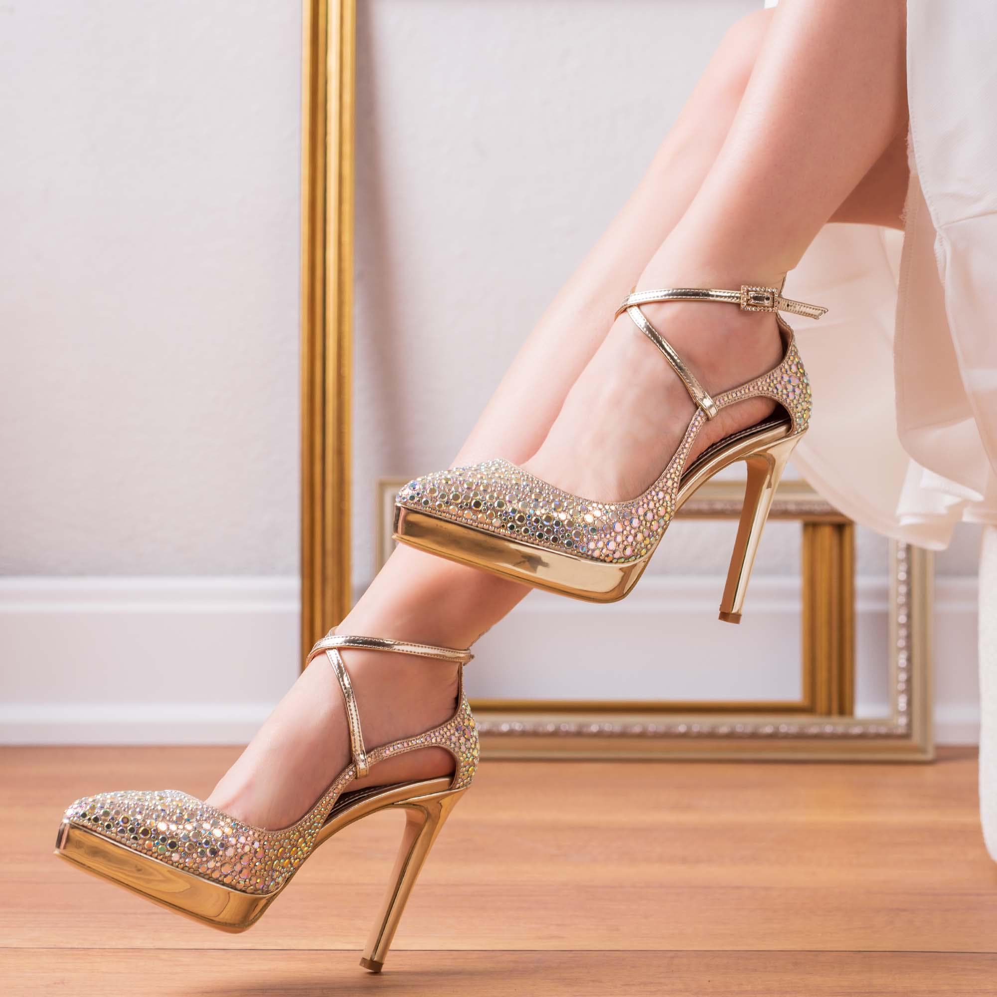 Gold High Heel Stilettos: Cross Strap Graduation Shoes