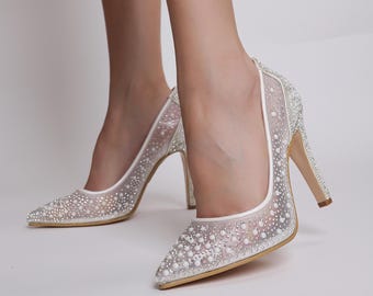 Pearl and Crystal Wedding Heels – Elegant Bridal Pumps, Customizable Shoes