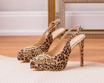 Leopard Print High Heel Slingbacks with Gold Embellishments for Party Night's