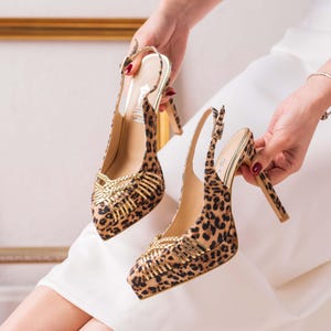 Leopard print velvet High Heels with custom Design Gold Embellished Details are perfect for slim platform party or Evening Wear
