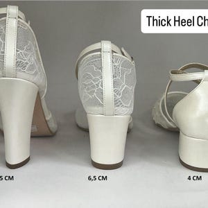 May include: Three pairs of ivory-colored bridal shoes with thick heels are displayed. The heels measure 4 cm, 6.5 cm, and 10.5 cm. The shoes feature a delicate lace overlay on the upper and ankle straps. The text "Thick Heel Chart" is at the top.