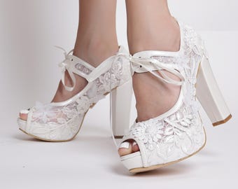 Platform thick Heels Feminine Design Perfect Women&#39;s White Flower embroidered Bridal Shoes Perfect women For Brides On Their Special Day