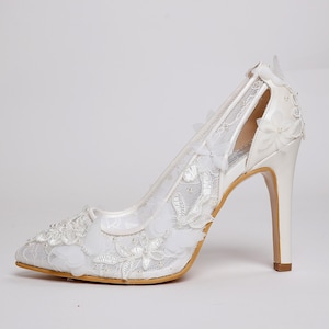 White Lace Bridal Heels: Floral Embroidery, 3D Applique Wedding Shoes