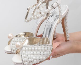 Beaded Pearl High Heel Sandals: Elegant Bridal Evening Shoes