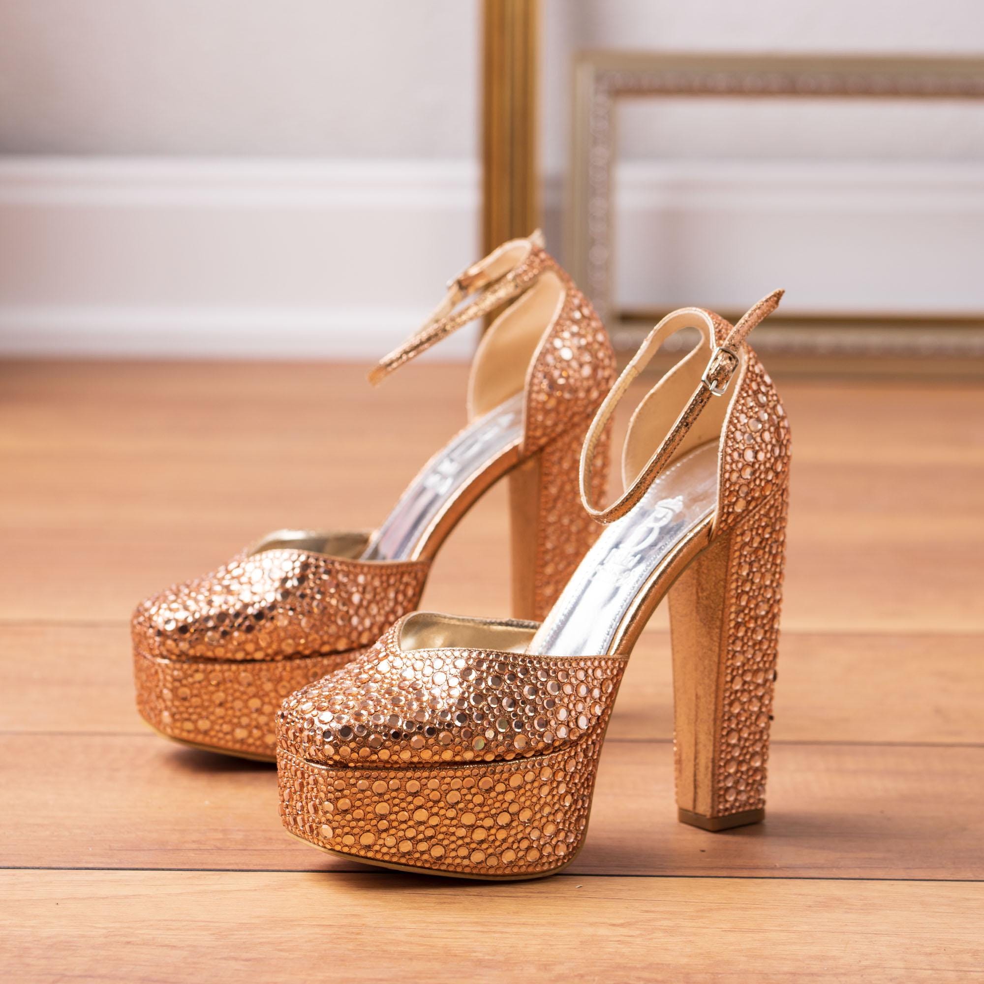 gold platform dress shoes Mostsola Solid Platform Heels for Women High Block Heeled Sandals Elegant Glitter Leather Party Prom Dress Shoes Casual Open Toe Pumps Gold Size 8,