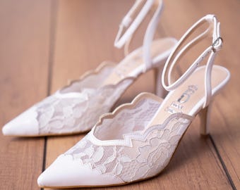 White Lace Ankle Strap Bridal Shoes, Women's Wedding Heels, Pointed Toe Pumps