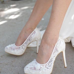 Floral Lace Embroidered Bridal Heels: Handmade Wedding Platform Shoes