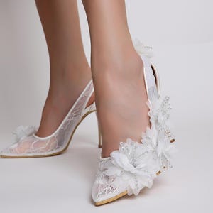 White Lace Bridal Shoes: Beaded Floral Embellished Wedding Heels